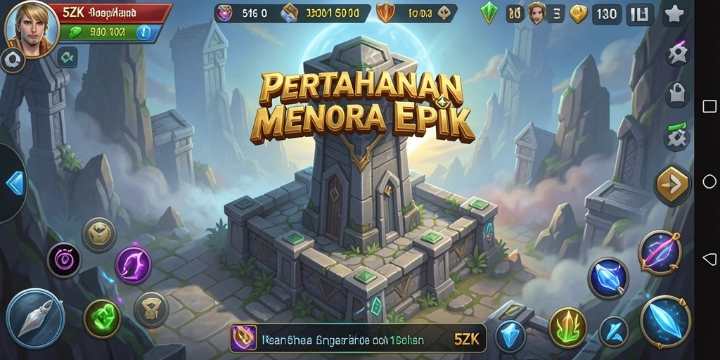 Screenshot gameplay 5ZK menampilkan menara perlindungan strategis yang epik.