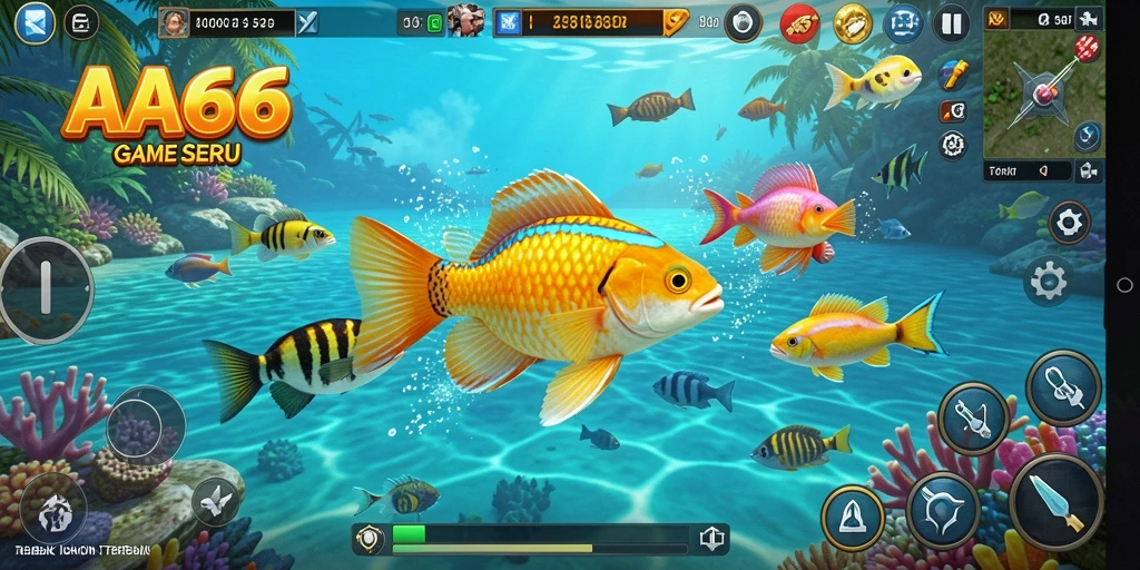 Screenshot menunjukan gameplay seru di AA666 dengan berbagai ikan yang menunggu untuk ditangkap.