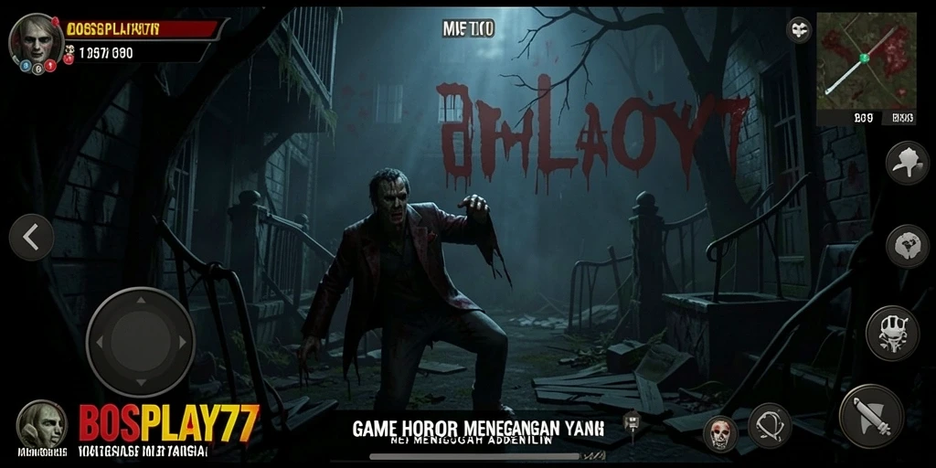 Screenshot menampilkan gameplay BOSPLAY77 dengan atmosfer horor yang mencekam.