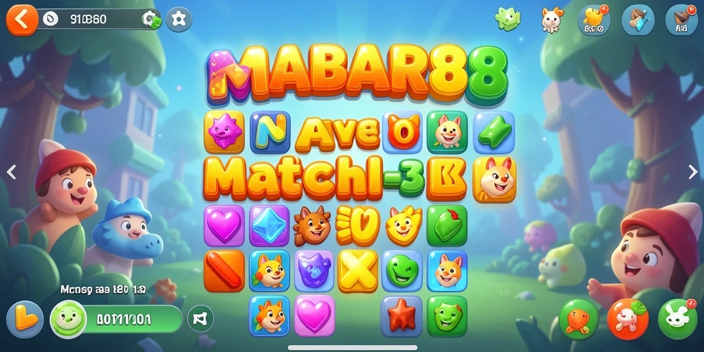 Tampilan gameplay MABAR88 dengan grafis warna-warni dan efek mempertandingkan permata.