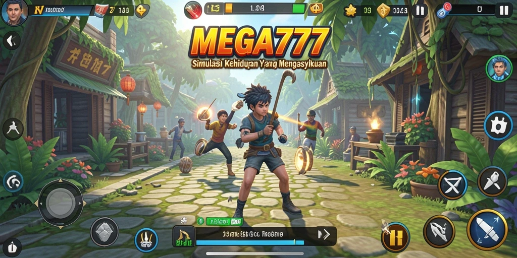 Screenshot gameplay MEGA777 menunjukkan dunia virtual yang indah dan penuh warna.
