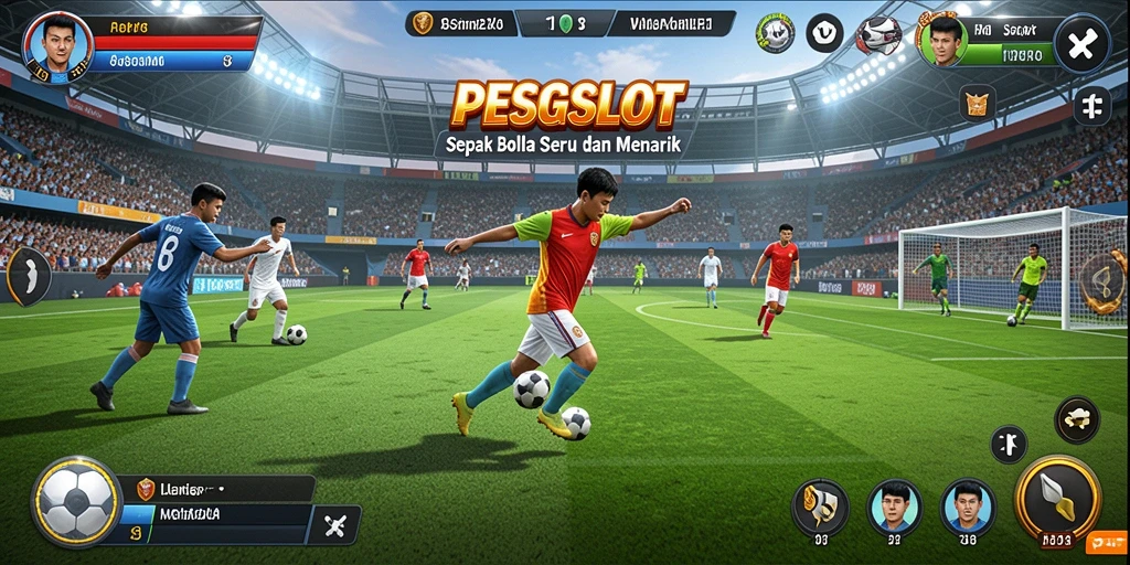 Screenshot PESGSLOT menampilkan aksi pertandingan sepak bola yang mendebarkan.